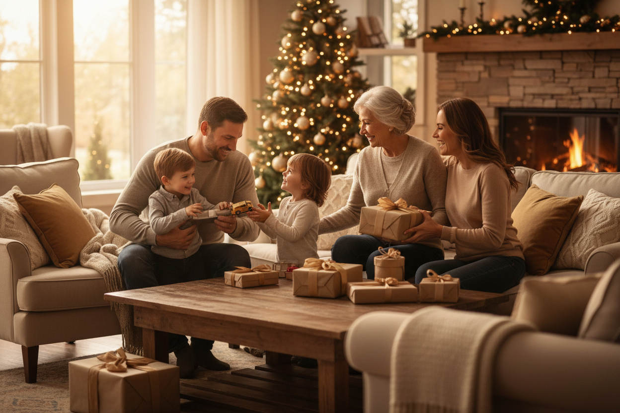 WARM GESTURE OF LOVE BETWEEN FAMILY GIVING GIFTS TO EACH OTHER AND THEY ARE EXTREMELY HAPPY AESTHETIC PHOTO